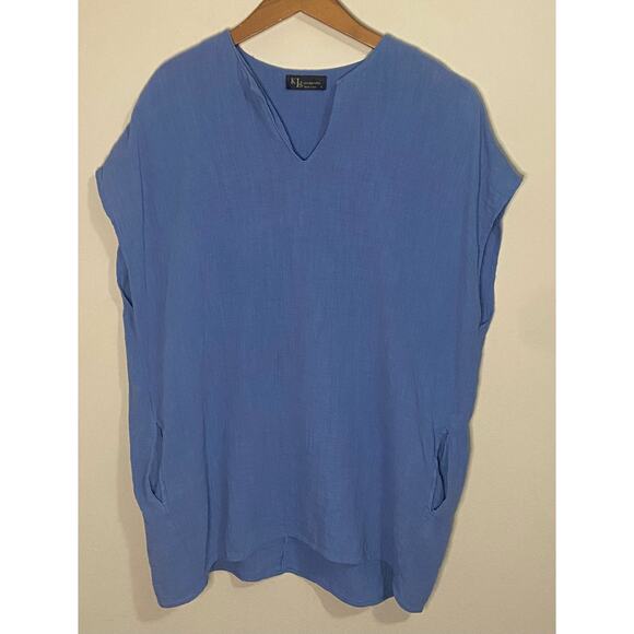 KLD Signature Top Women's Large Blue Flowy USA Gauzy Oversize Tunic Lagenlook - Picture 1 of 6